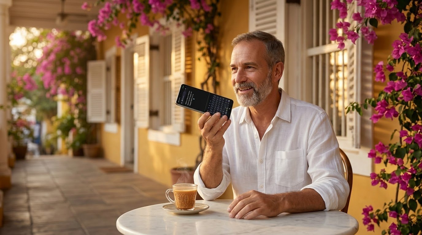 A man on a café veranda in Pondicherry speaks into his phone and TTT types his words